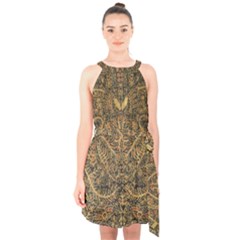 Art Indonesian Batik Halter Collar Waist Tie Chiffon Dress