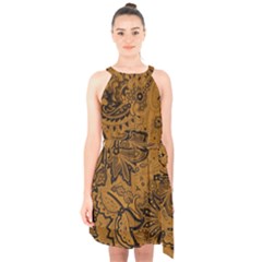 Art Traditional Batik Flower Pattern Halter Collar Waist Tie Chiffon Dress