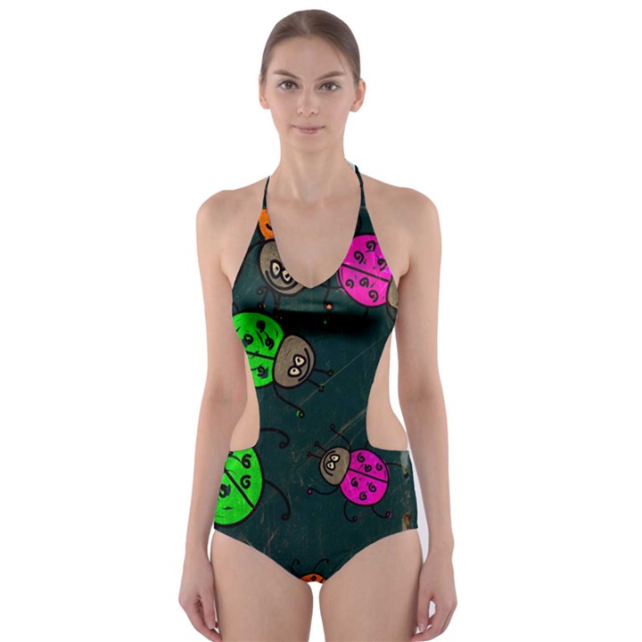 Abstract Bug Insect Pattern Cut-Out One Piece Swimsuit