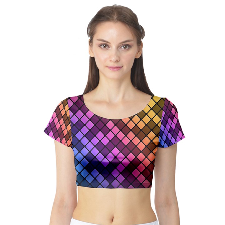 Abstract Small Block Pattern Short Sleeve Crop Top (Tight Fit)