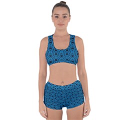 Triangle Knot Blue And Black Fabric Racerback Boyleg Bikini Set