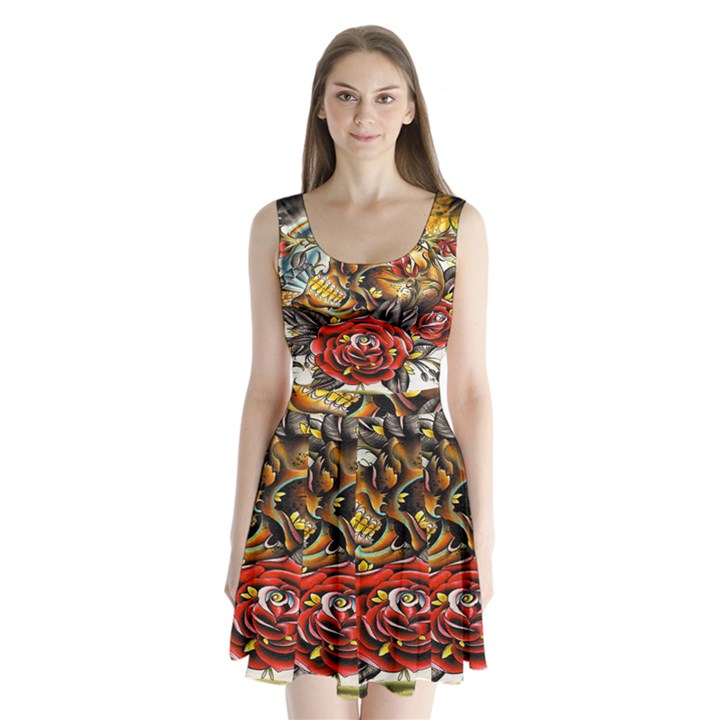 Flower Art Traditional Split Back Mini Dress 