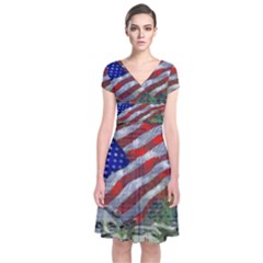 Usa United States Of America Images Independence Day Short Sleeve Front Wrap Dress by BangZart