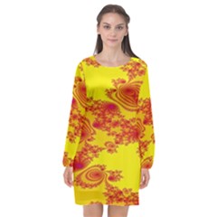 Floral Fractal Pattern Long Sleeve Chiffon Shift Dress 