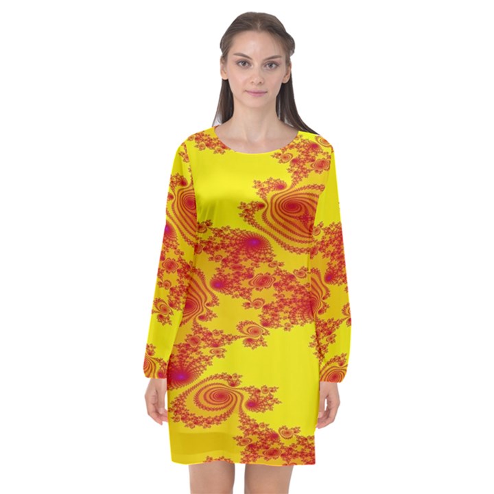 Floral Fractal Pattern Long Sleeve Chiffon Shift Dress 