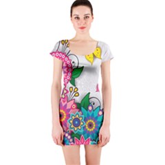 Flowers Pattern Vector Art Short Sleeve Bodycon Dress