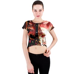 Fantasy Art Story Lodge Girl Rabbits Flowers Crew Neck Crop Top