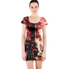 Fantasy Art Story Lodge Girl Rabbits Flowers Short Sleeve Bodycon Dress