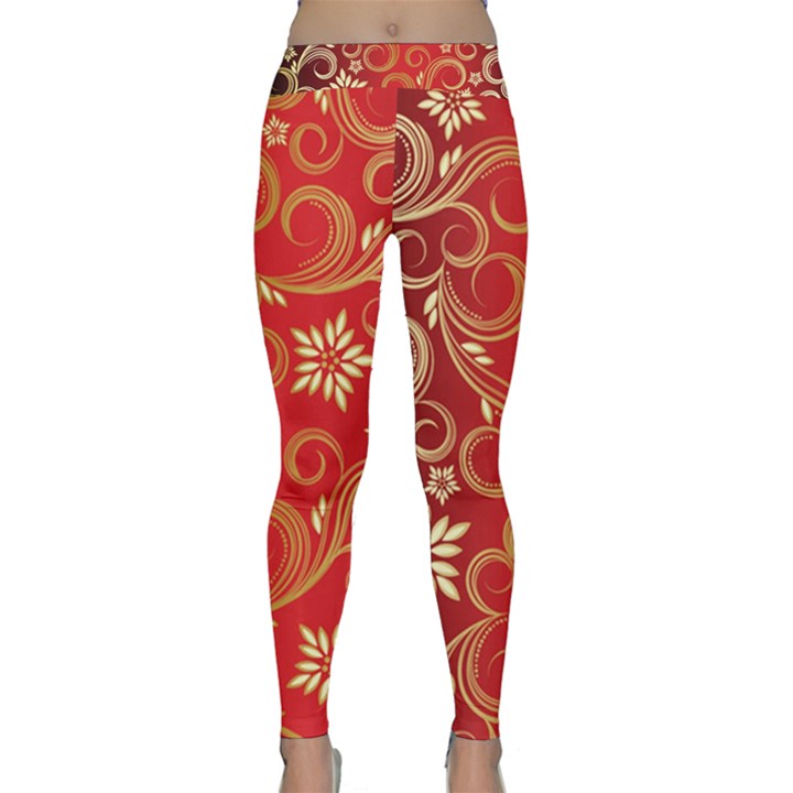 Golden Swirls Floral Pattern Classic Yoga Leggings