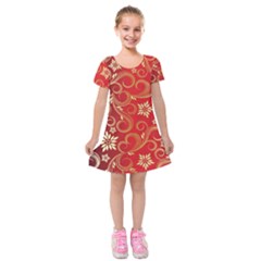 Golden Swirls Floral Pattern Kids  Short Sleeve Velvet Dress