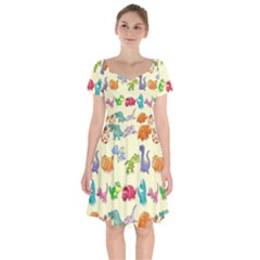 Group Of Funny Dinosaurs Graphic Short Sleeve Bardot Dress