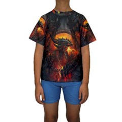 Dragon Legend Art Fire Digital Fantasy Kids  Short Sleeve Swimwear