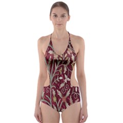 Crewel Fabric Tree Of Life Maroon Cut-out One Piece Swimsuit by BangZart