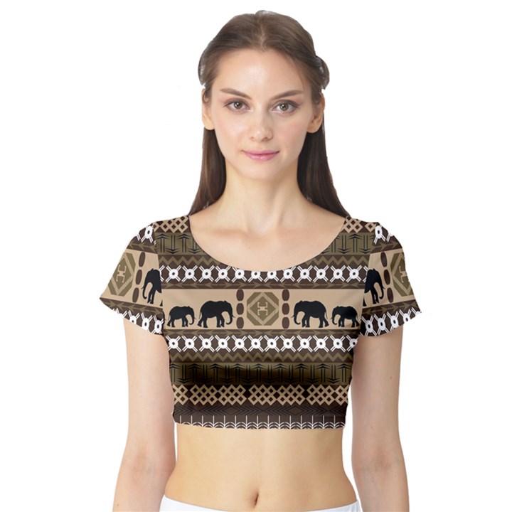Elephant African Vector Pattern Short Sleeve Crop Top (Tight Fit)