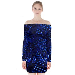 Blue Circuit Technology Image Long Sleeve Off Shoulder Dress