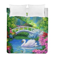 Swan Bird Spring Flowers Trees Lake Pond Landscape Original Aceo Painting Art Duvet Cover Double Side (full/ Double Size)