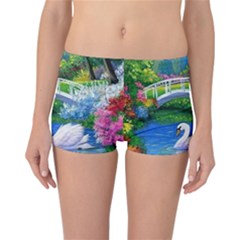 Swan Bird Spring Flowers Trees Lake Pond Landscape Original Aceo Painting Art Reversible Boyleg Bikini Bottoms