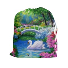 Swan Bird Spring Flowers Trees Lake Pond Landscape Original Aceo Painting Art Drawstring Pouches (xxl) by BangZart