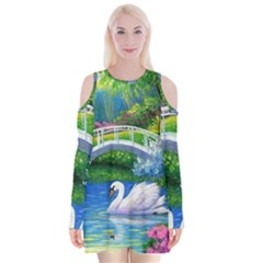 Swan Bird Spring Flowers Trees Lake Pond Landscape Original Aceo Painting Art Velvet Long Sleeve Shoulder Cutout Dress