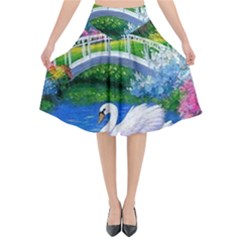 Swan Bird Spring Flowers Trees Lake Pond Landscape Original Aceo Painting Art Flared Midi Skirt