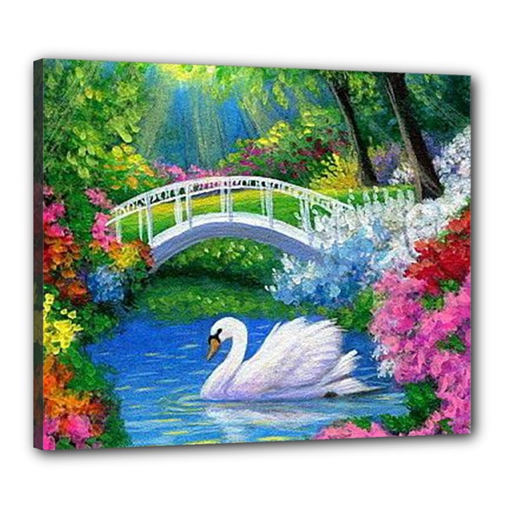 Swan Bird Spring Flowers Trees Lake Pond Landscape Original Aceo Painting Art Canvas 24  x 20 