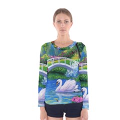 Swan Bird Spring Flowers Trees Lake Pond Landscape Original Aceo Painting Art Women s Long Sleeve Tee