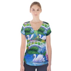 Swan Bird Spring Flowers Trees Lake Pond Landscape Original Aceo Painting Art Short Sleeve Front Detail Top