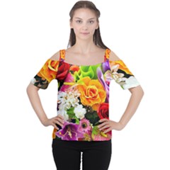 Colorful Flowers Cutout Shoulder Tee