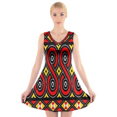 Toraja Traditional Art Pattern V-neck Sleeveless Skater Dress