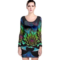 Fractal Flowers Abstract Petals Glitter Lights Art 3d Long Sleeve Velvet Bodycon Dress