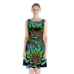 Fractal Flowers Abstract Petals Glitter Lights Art 3d Sleeveless Waist Tie Chiffon Dress