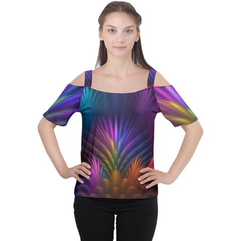 Colored Rays Symmetry Feather Art Cutout Shoulder Tee by BangZart