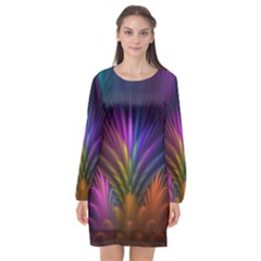 Colored Rays Symmetry Feather Art Long Sleeve Chiffon Shift Dress  by BangZart