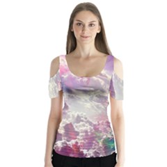 Clouds Multicolor Fantasy Art Skies Butterfly Sleeve Cutout Tee 