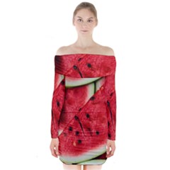 Fresh Watermelon Slices Texture Long Sleeve Off Shoulder Dress