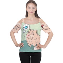 Cat Animal Fish Thinking Cute Pet Cutout Shoulder Tee