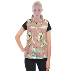 Cat Food Eating Breakfast Gourmet Women s Button Up Puffer Vest by Nexatart