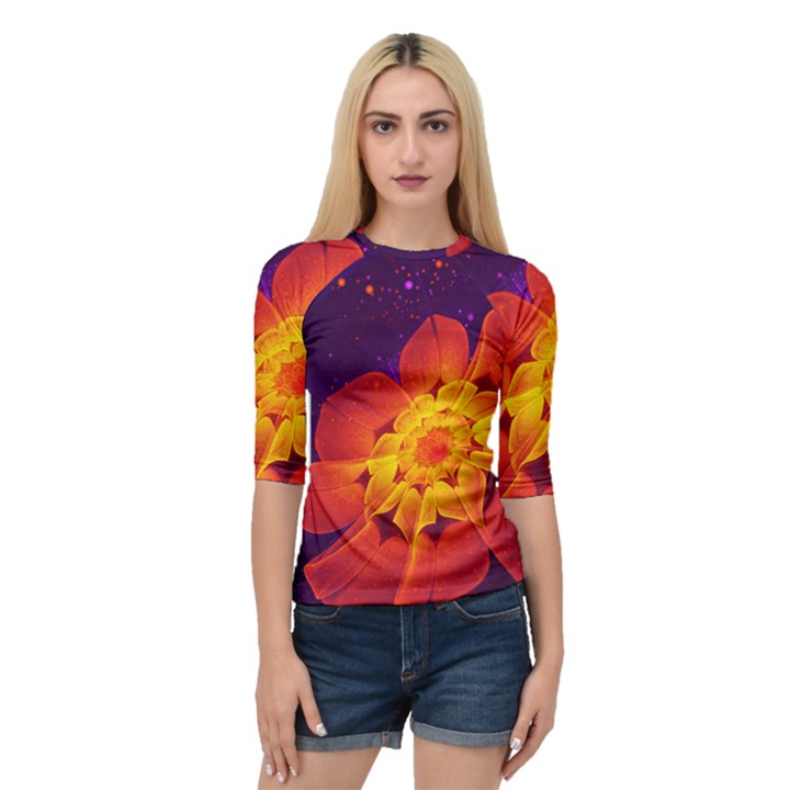 Royal Blue, Red, and Yellow Fractal Gerbera Daisy Quarter Sleeve Tee