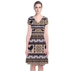 Lion African Vector Pattern Short Sleeve Front Wrap Dress