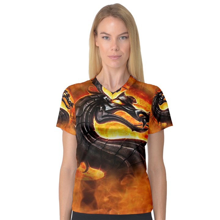 Dragon And Fire V-Neck Sport Mesh Tee