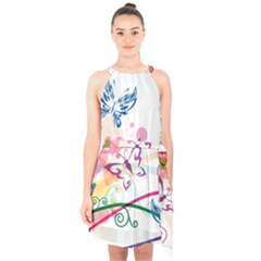 Butterfly Vector Art Halter Collar Waist Tie Chiffon Dress