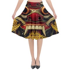 Bali Mask Flared Midi Skirt by BangZart