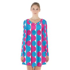 Pink And Bluedots Pattern Long Sleeve Velvet V-neck Dress