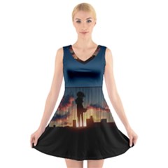 Art Sunset Anime Afternoon V-neck Sleeveless Skater Dress