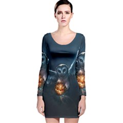 Owl And Fire Ball Long Sleeve Velvet Bodycon Dress by BangZart