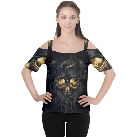 Art Fiction Black Skeletons Skull Smoke Cutout Shoulder Tee by BangZart