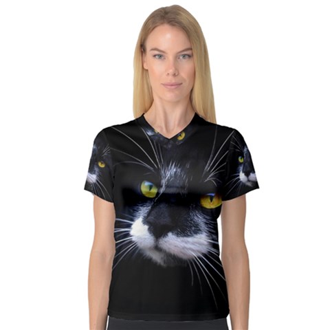 Face Black Cat V-neck Sport Mesh Tee by BangZart