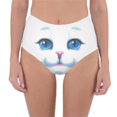 Cute White Cat Blue Eyes Face Reversible High-waist Bikini Bottoms