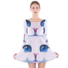 Cute White Cat Blue Eyes Face Long Sleeve Velvet Skater Dress