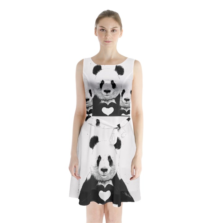 Panda Love Heart Sleeveless Waist Tie Chiffon Dress